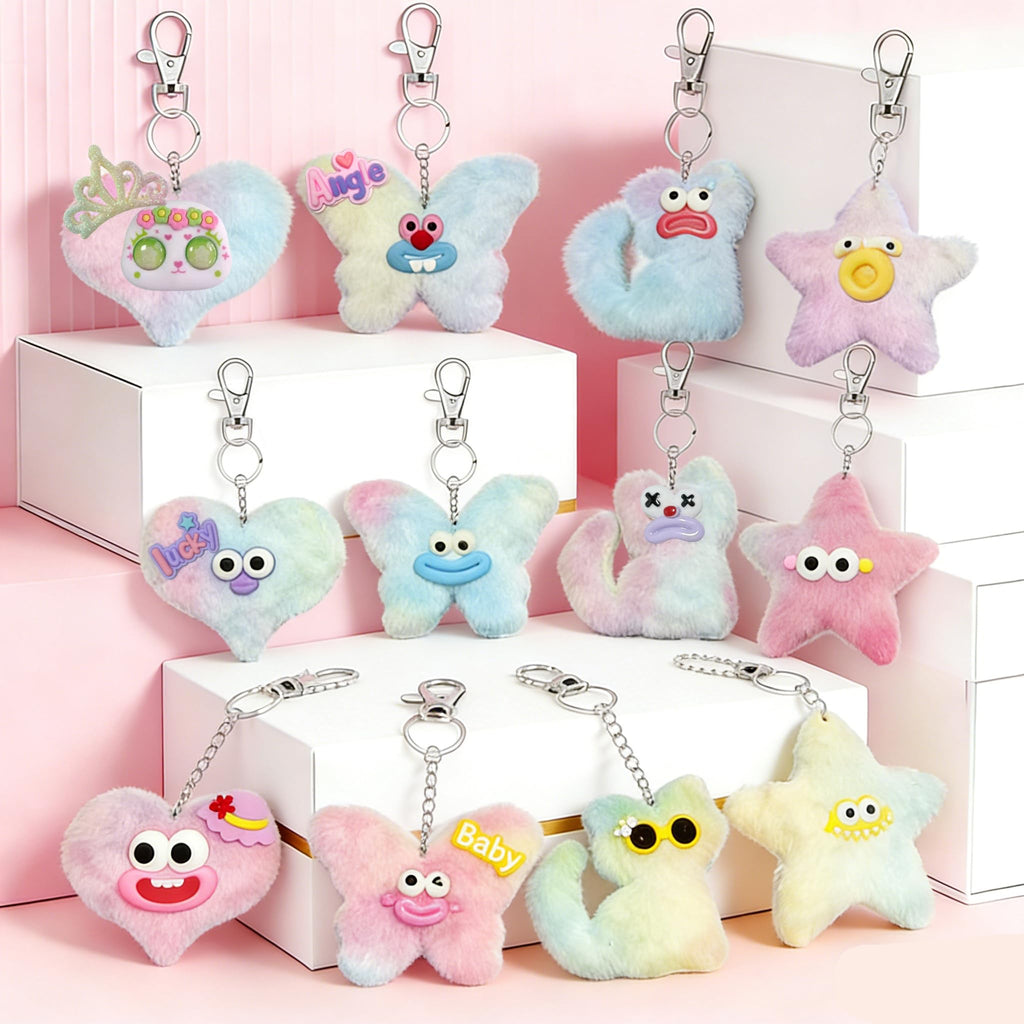 12-Piece DIY Plush Keychain Craft Kit for Kids – Double-Sided Party Favors with Stickers and Mood Cards