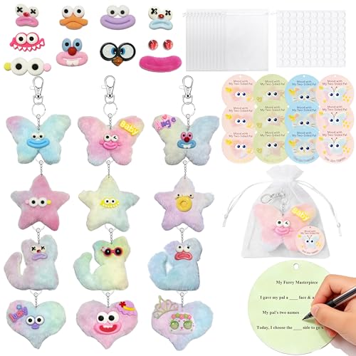 12-Piece DIY Plush Keychain Craft Kit for Kids – Double-Sided Party Favors with Stickers and Mood Cards