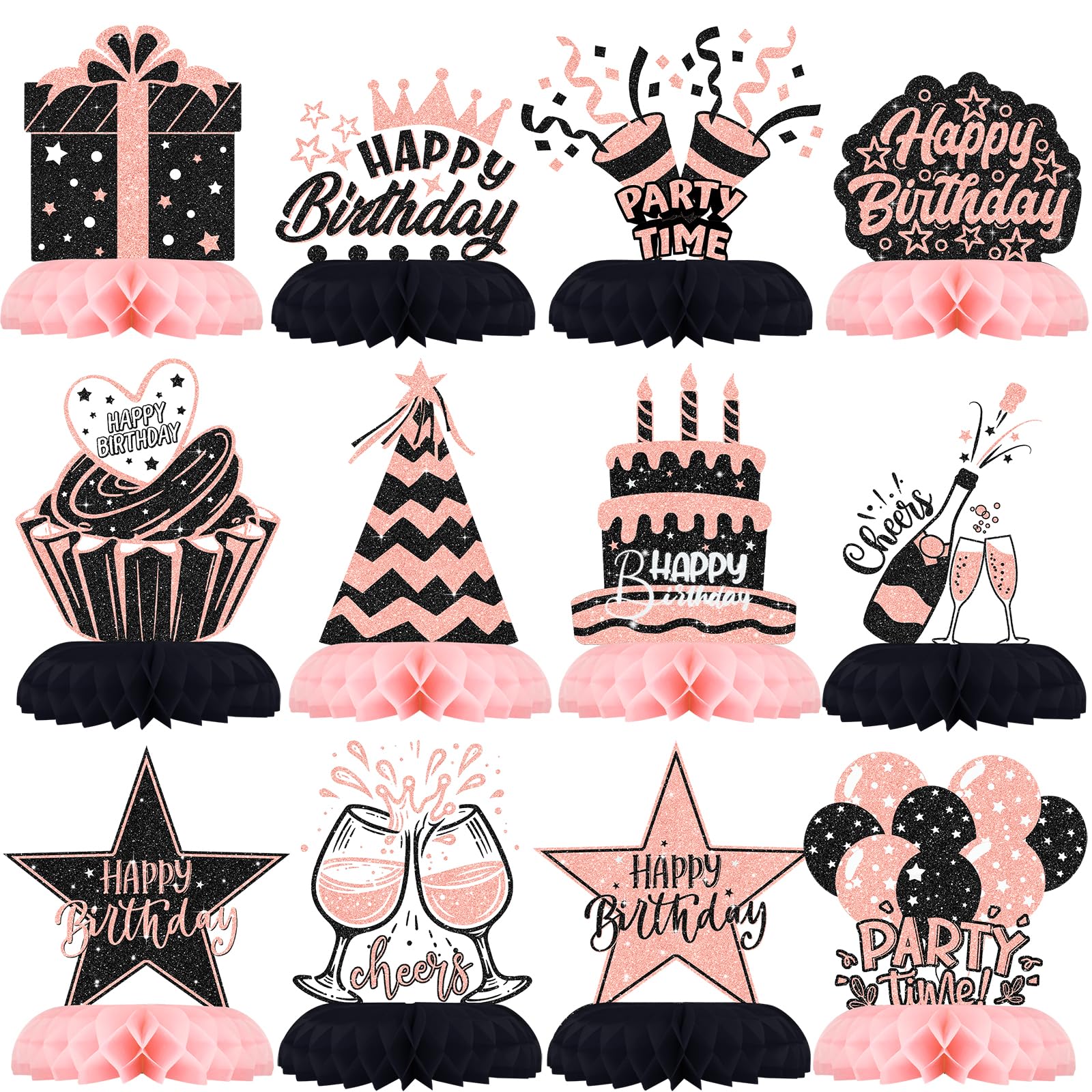 12-Piece Pink and Black Honeycomb Birthday Table Centerpieces - Celee Party Decorations for Women or Girls