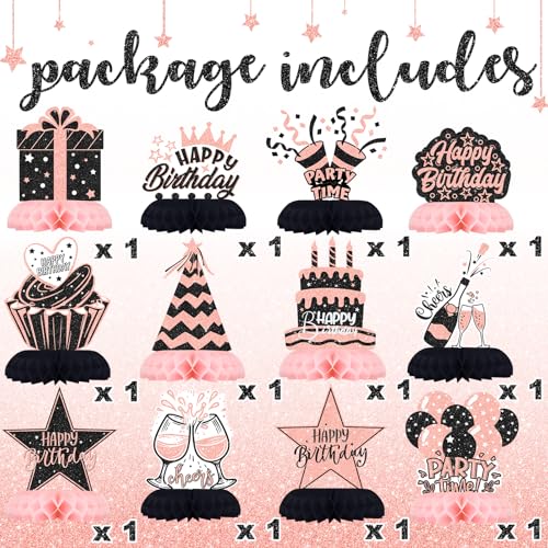 12-Piece Pink and Black Honeycomb Birthday Table Centerpieces - Celee Party Decorations for Women or Girls