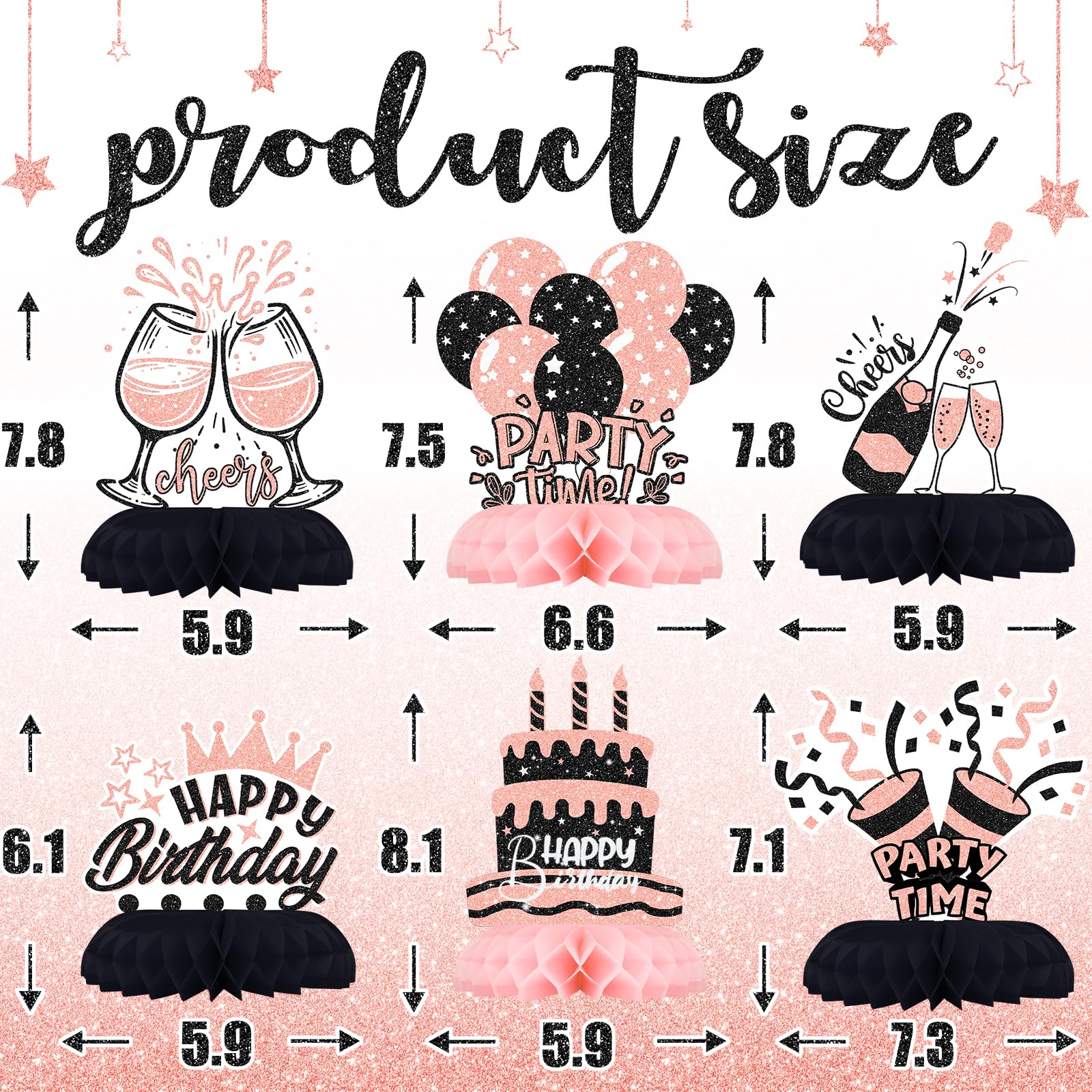 12-Piece Pink and Black Honeycomb Birthday Table Centerpieces - Celee Party Decorations for Women or Girls