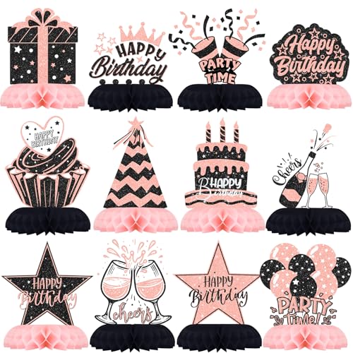 12-Piece Pink and Black Honeycomb Birthday Table Centerpieces - Celee Party Decorations for Women or Girls