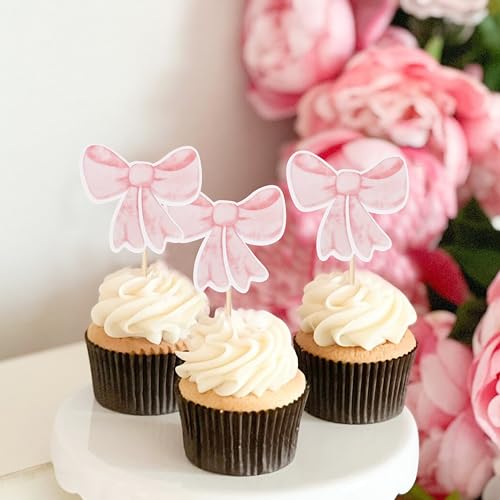 12 Pink Bow Cupcake Toppers by TERJIO – Girls Birthday Party Decorations, Bachelorette & Wedding Cake Toppers