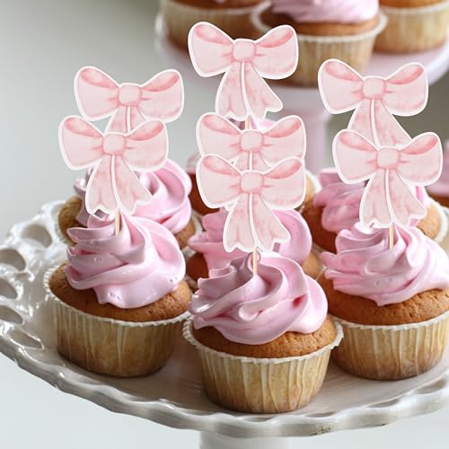 12 Pink Bow Cupcake Toppers by TERJIO – Girls Birthday Party Decorations, Bachelorette & Wedding Cake Toppers