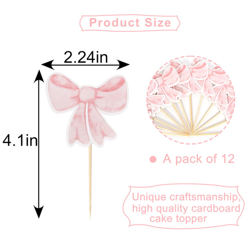 12 Pink Bow Cupcake Toppers by TERJIO – Girls Birthday Party Decorations, Bachelorette & Wedding Cake Toppers