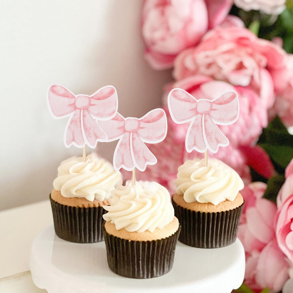 12 Pink Bow Cupcake Toppers by TERJIO – Girls Birthday Party Decorations, Bachelorette & Wedding Cake Toppers