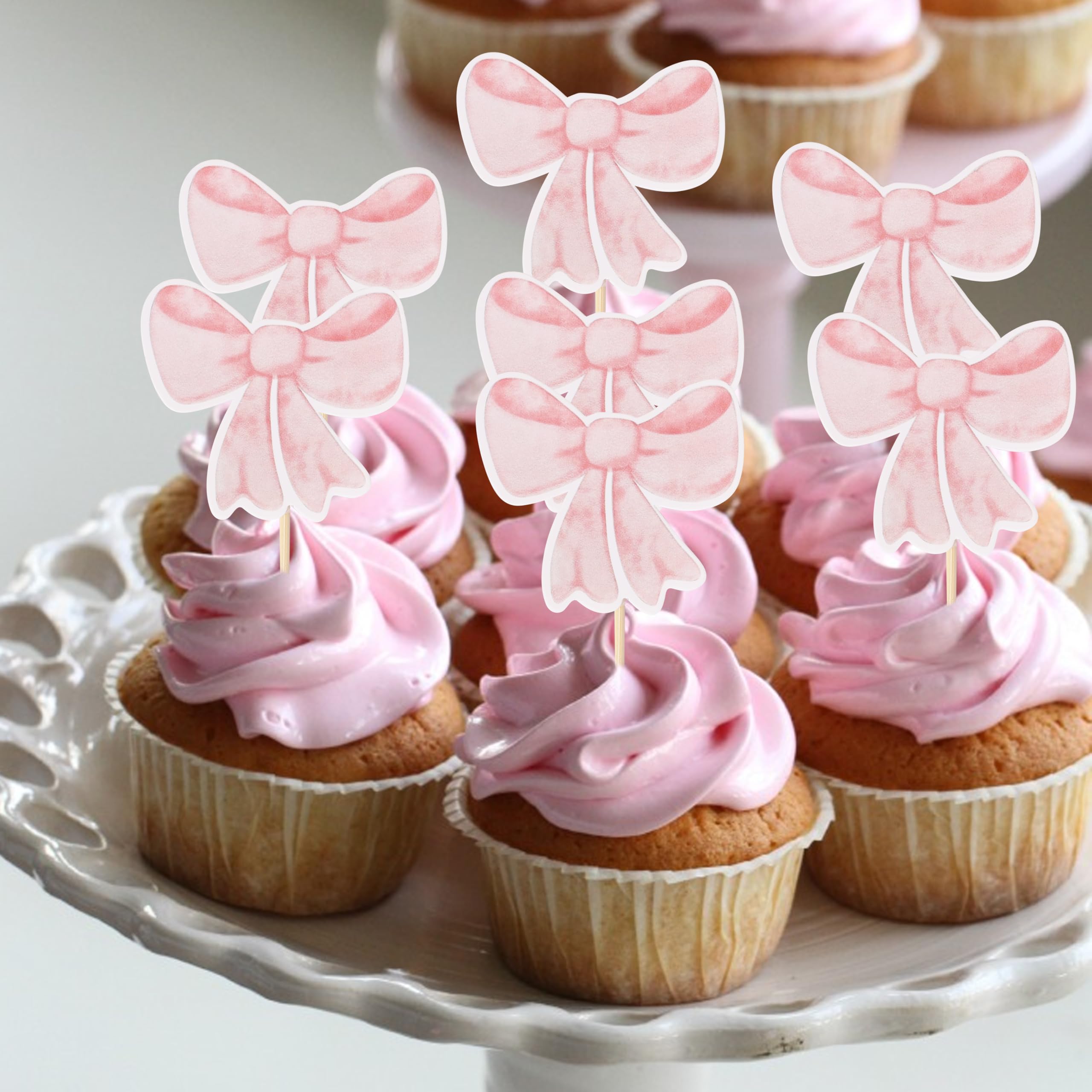 12 Pink Bow Cupcake Toppers by TERJIO – Girls Birthday Party Decorations, Bachelorette & Wedding Cake Toppers