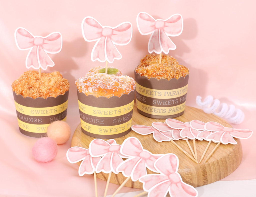 12 Pink Bow Cupcake Toppers by TERJIO – Girls Birthday Party Decorations, Bachelorette & Wedding Cake Toppers