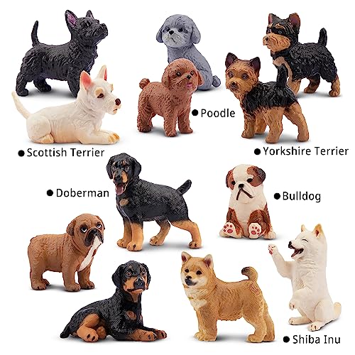 12 Realistic Hand-Painted Dog Figurines Set - Mini Plastic Puppies for Cake Toppers, Party Favors, and Imaginative Play