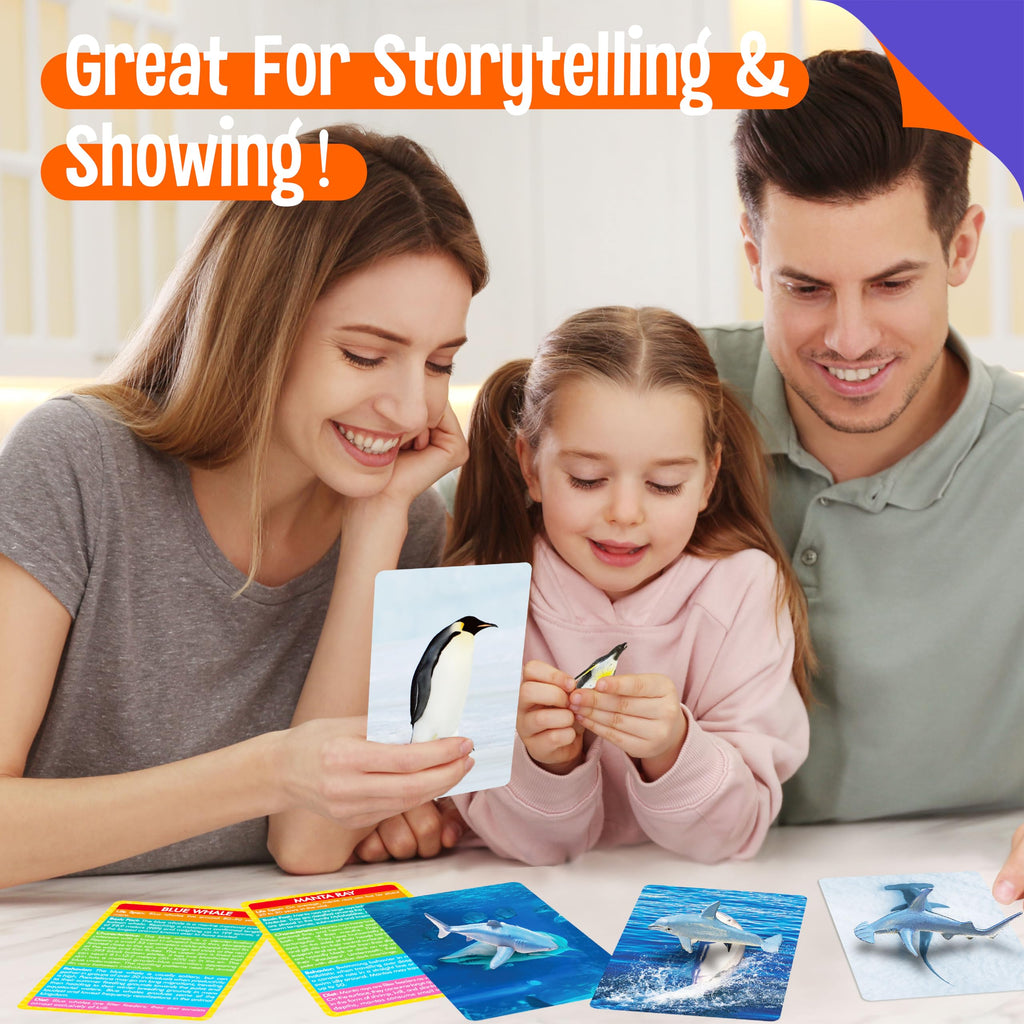 12 Realistic Plastic Marine Animal Figurines with 12 Double-Sided Learning Cards - Educational Toy Set by SpriteGru