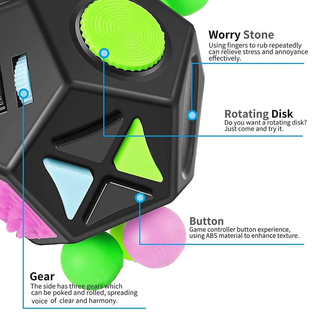 12-Sided Fidget Cube – Stress & Anxiety Relief Toy for Kids & Adults (Black)