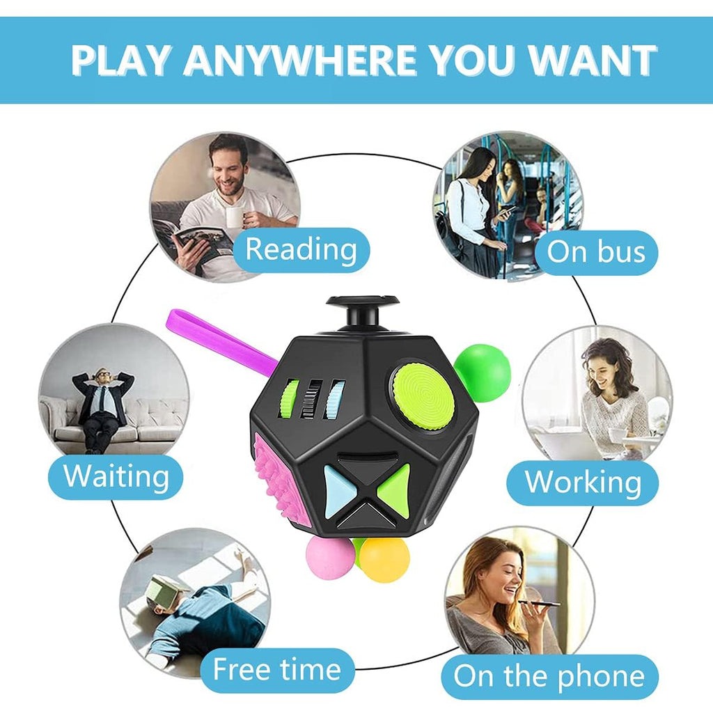 12-Sided Fidget Cube – Stress & Anxiety Relief Toy for Kids & Adults (Black)