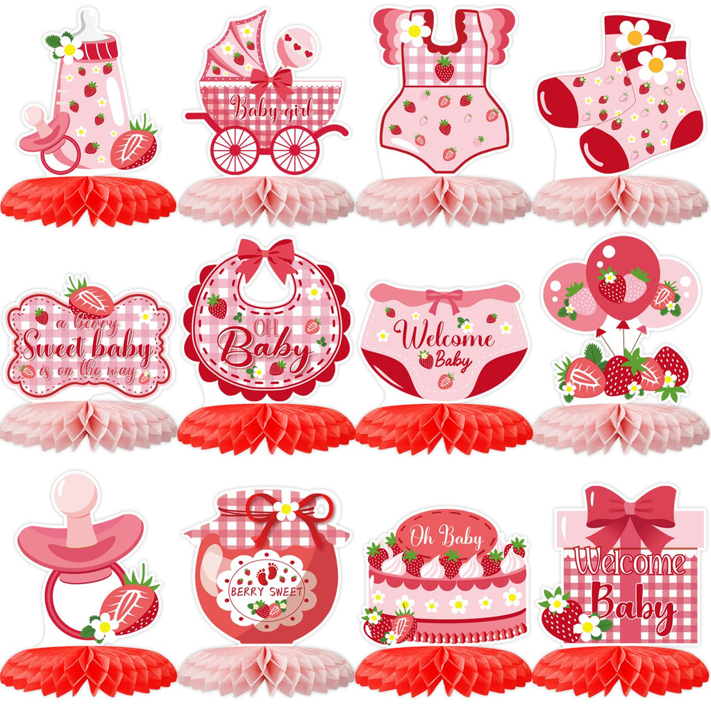 12 Strawberry Baby Shower Honeycomb Centerpieces - Berry Sweet Theme Party Table Topper Decor by ZCPTZ