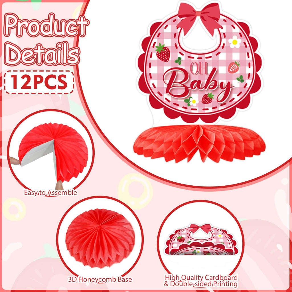 12 Strawberry Baby Shower Honeycomb Centerpieces - Berry Sweet Theme Party Table Topper Decor by ZCPTZ