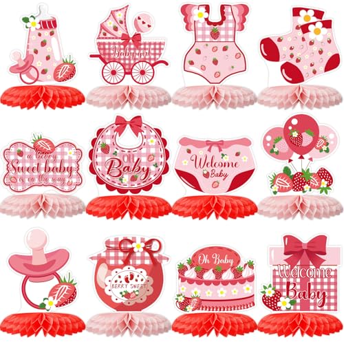 12 Strawberry Baby Shower Honeycomb Centerpieces - Berry Sweet Theme Party Table Topper Decor by ZCPTZ