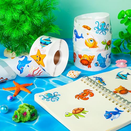 1200 Ocean Animal Stickers Roll - 2 Rolls, 16 Designs, Reusable - KFPPLXQ