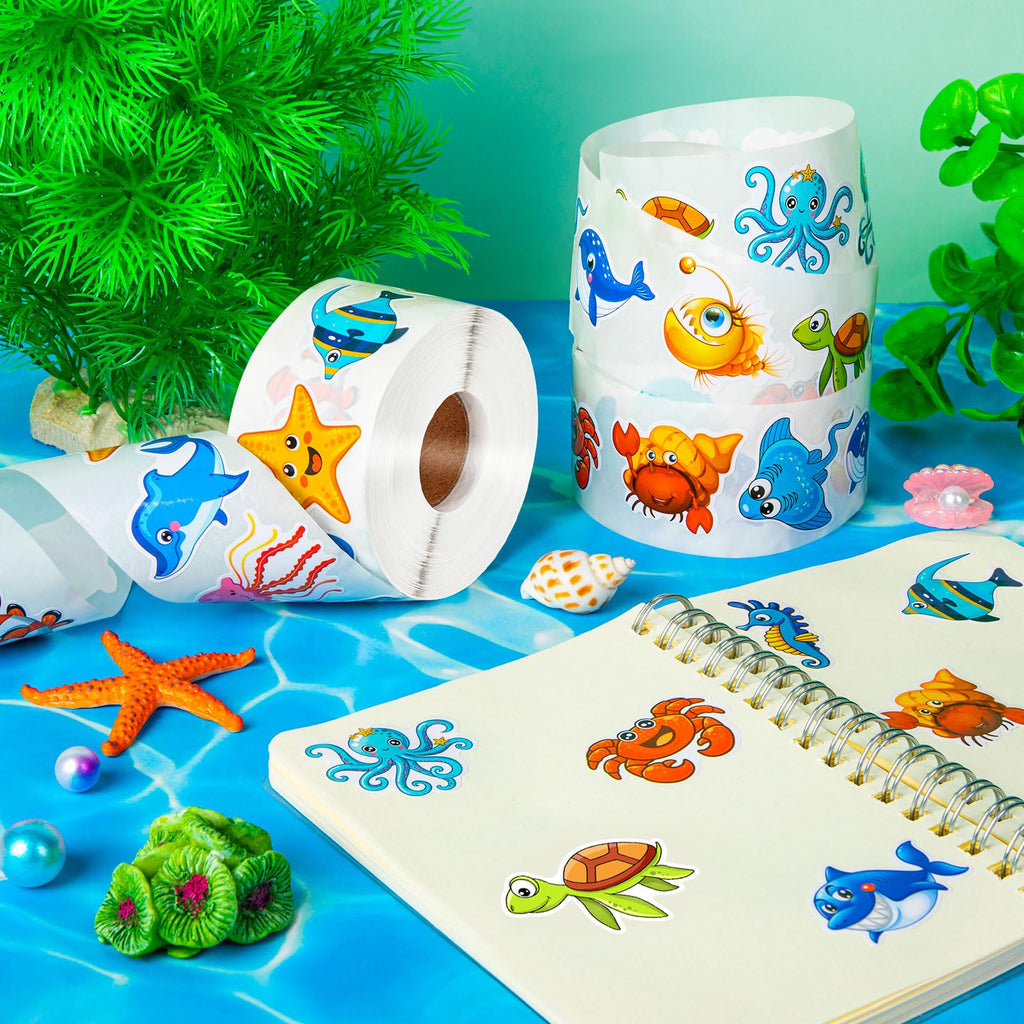 1200 Ocean Animal Stickers Roll - 2 Rolls, 16 Designs, Reusable - KFPPLXQ