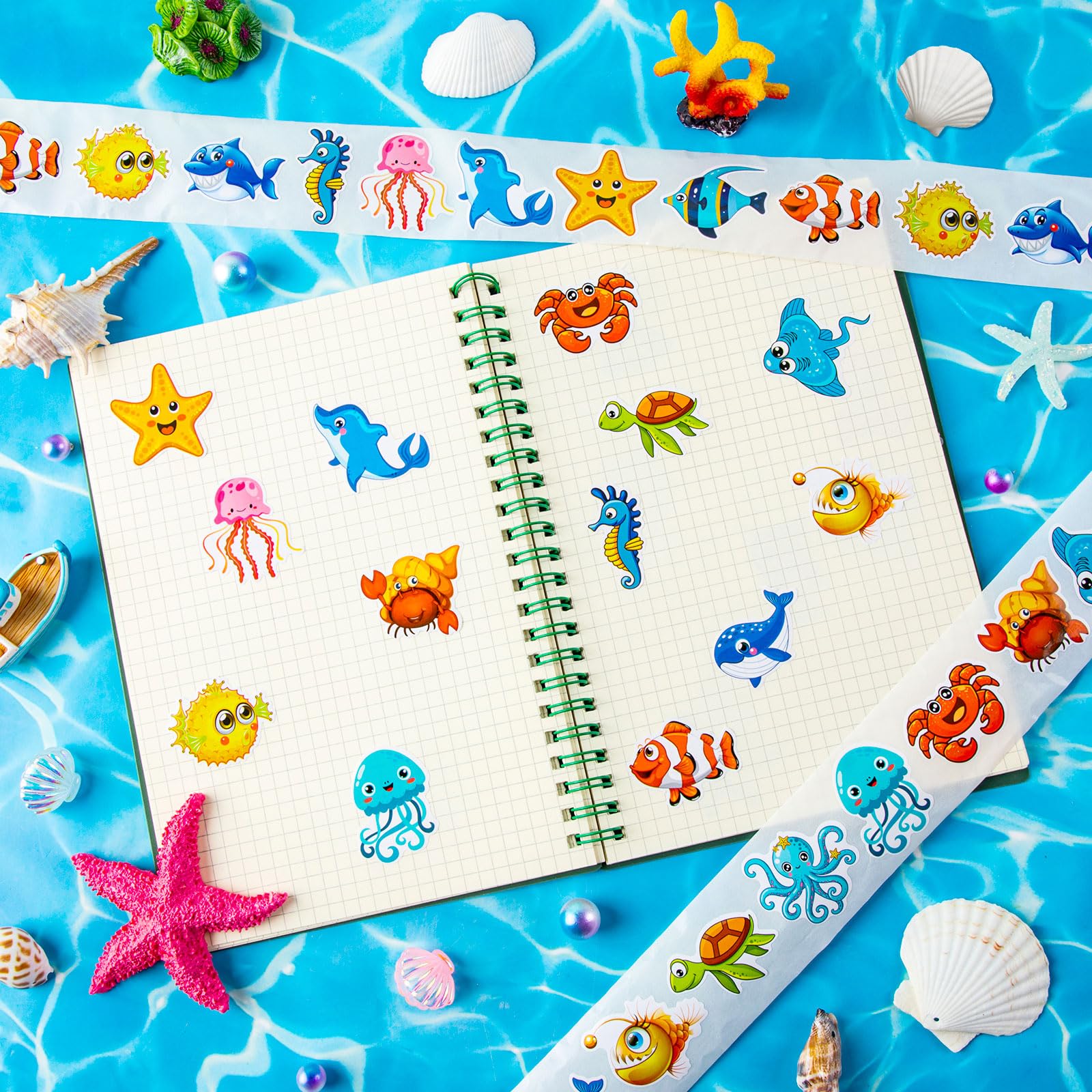 1200 Ocean Animal Stickers Roll - 2 Rolls, 16 Designs, Reusable - KFPPLXQ