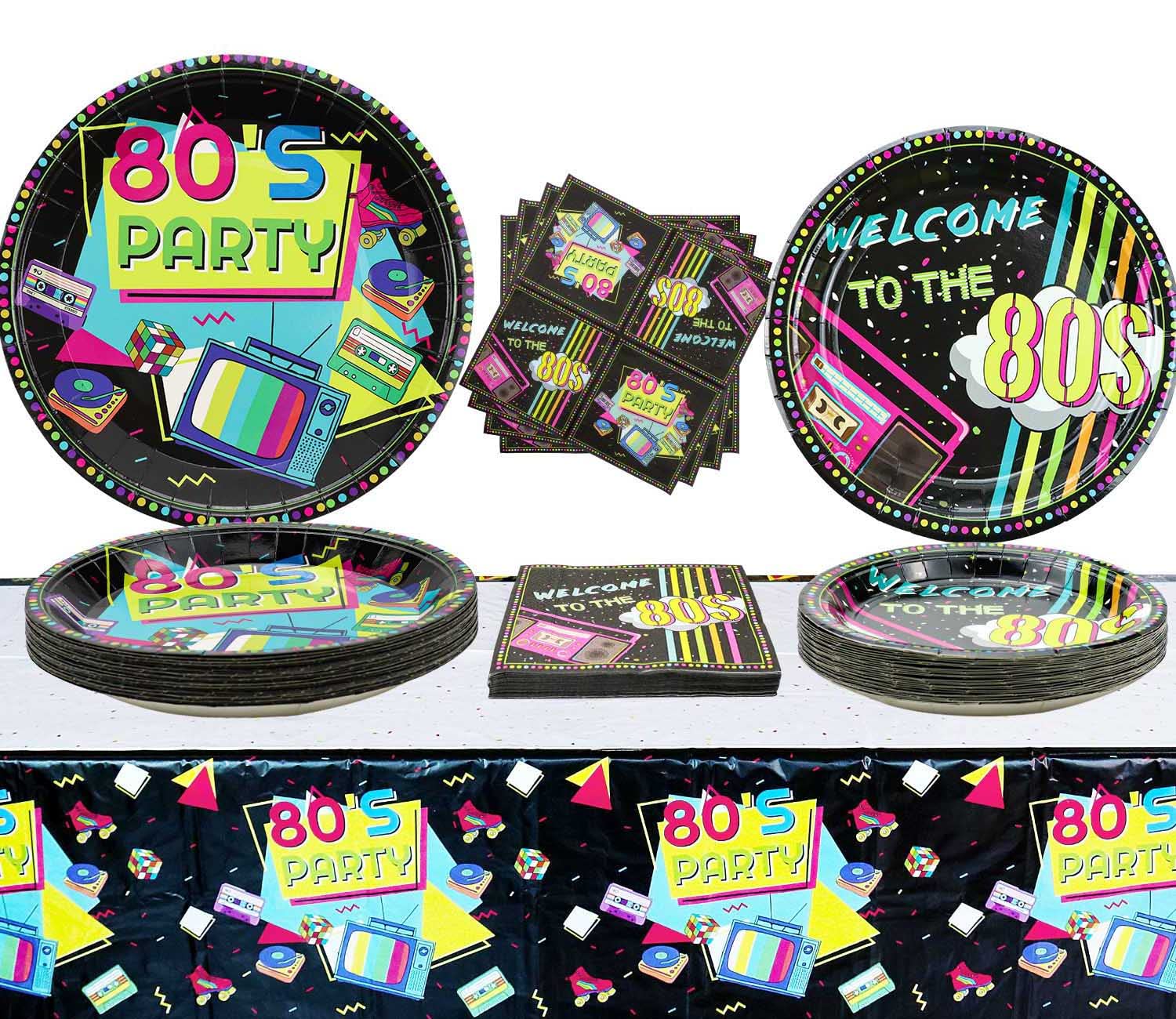 122 Pcs 80s Retro Party Supplies Set - Disposable Plates, Napkins & Tablecloths for 40 Guests