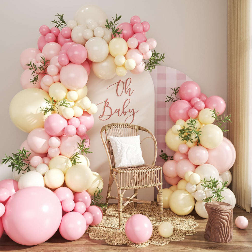 124-Piece Pink and Yellow Balloon Arch Kit with Pastel, Light Pink, Yellow & Sand White Balloons for Baby Shower, Birthday, Wedding Decor