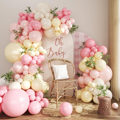 124-Piece Pink and Yellow Balloon Arch Kit with Pastel, Light Pink, Yellow & Sand White Balloons for Baby Shower, Birthday, Wedding Decor