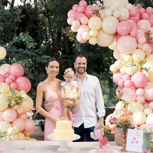 124-Piece Pink and Yellow Balloon Arch Kit with Pastel, Light Pink, Yellow & Sand White Balloons for Baby Shower, Birthday, Wedding Decor