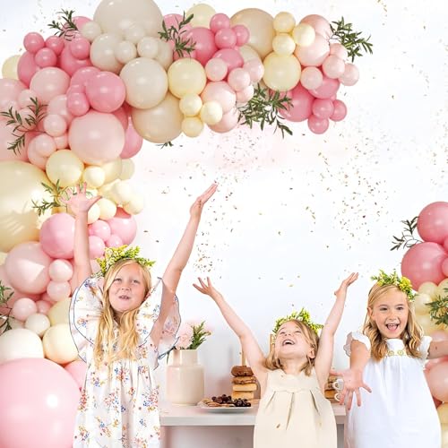 124-Piece Pink and Yellow Balloon Arch Kit with Pastel, Light Pink, Yellow & Sand White Balloons for Baby Shower, Birthday, Wedding Decor