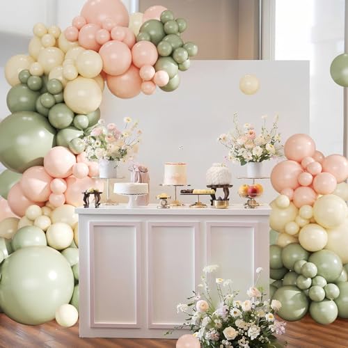 124-Piece Sage Green, Peach & Ivory Balloon Arch Kit by CROSSFINGERS – Pink and Green Balloon Garland for Baby Showers, Weddings, Birthdays & Gender Reveal Parties