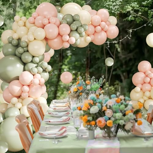 124-Piece Sage Green, Peach & Ivory Balloon Arch Kit by CROSSFINGERS – Pink and Green Balloon Garland for Baby Showers, Weddings, Birthdays & Gender Reveal Parties