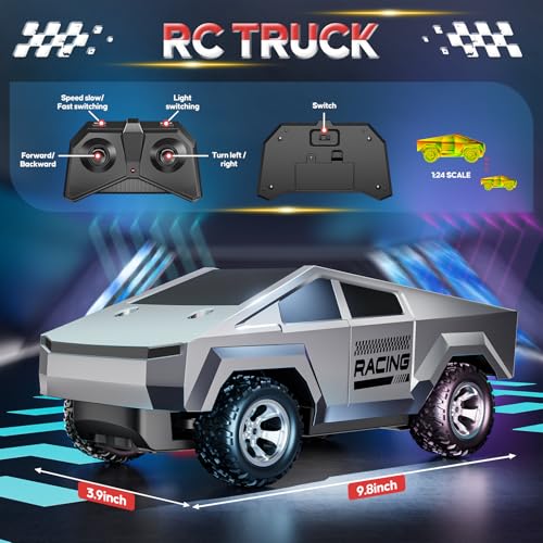 1:24 RC Truck with Lights and Loadspace, 2WD All-Terrain, Rechargeable, for Kids Age 3+