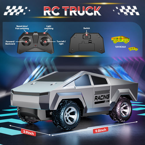 1:24 RC Truck with Lights and Loadspace, 2WD All-Terrain, Rechargeable, for Kids Age 3+