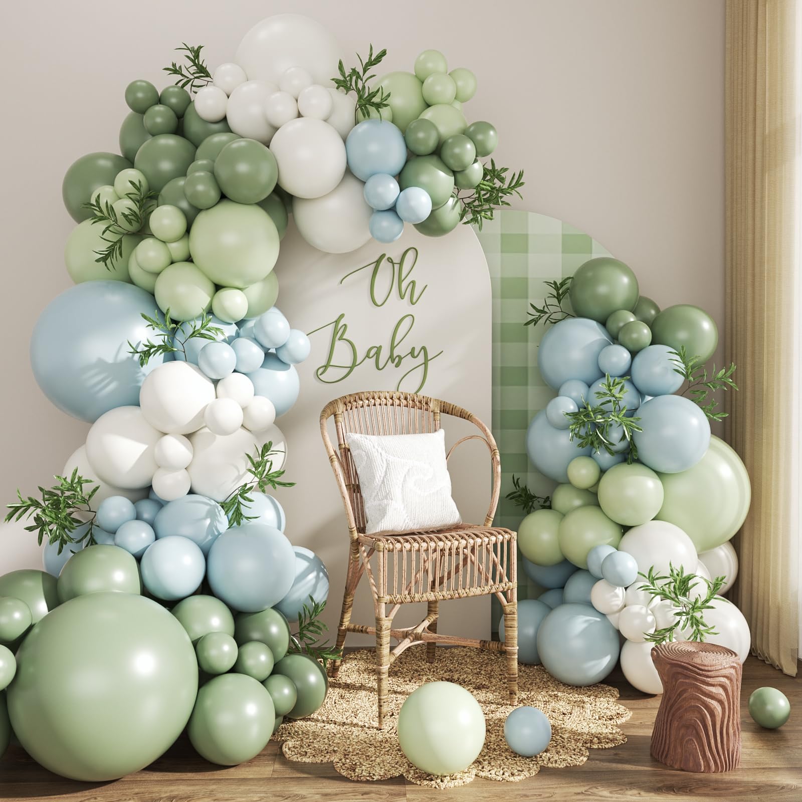 124Pc Sage Green & Macaron Blue Balloon Arch Kit – Pastel Decor for Gender Reveal, Birthday, Baby Shower & Wedding