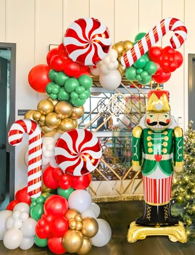 125PCS Christmas Balloon Garland Arch Kit - Red, Sage Green, Gold, White Sand with Nutcracker, Candy Cane Foil Balloons for Indoor Party Decor