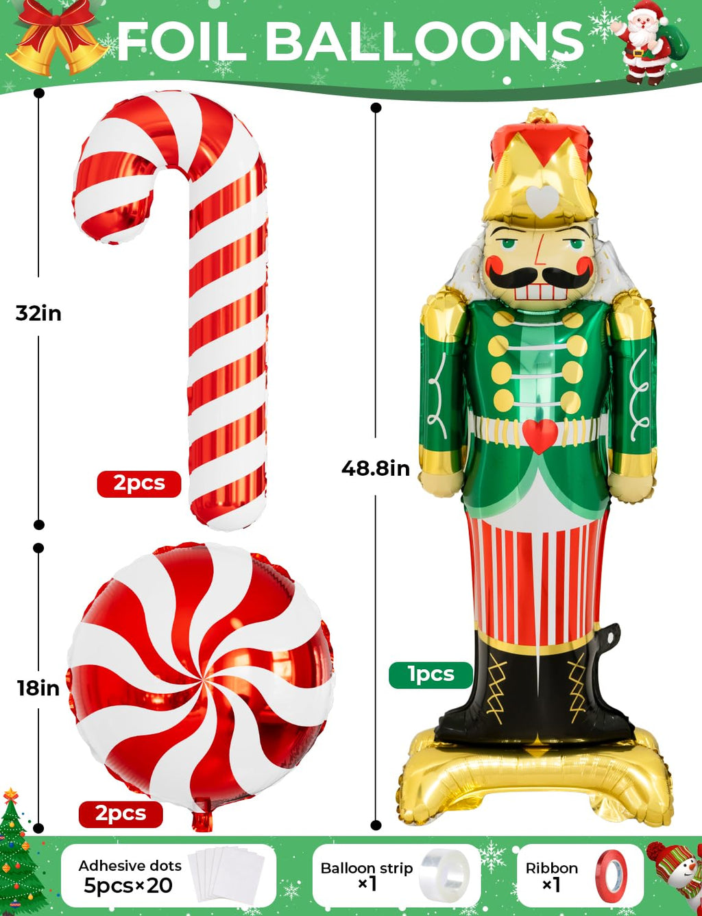 125PCS Christmas Balloon Garland Arch Kit - Red, Sage Green, Gold, White Sand with Nutcracker, Candy Cane Foil Balloons for Indoor Party Decor