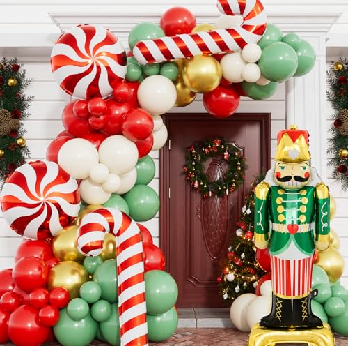 125PCS Christmas Balloon Garland Arch Kit - Red, Sage Green, Gold, White Sand with Nutcracker, Candy Cane Foil Balloons for Indoor Party Decor