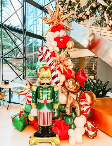 125PCS Christmas Balloon Garland Arch Kit - Red, Sage Green, Gold, White Sand with Nutcracker, Candy Cane Foil Balloons for Indoor Party Decor