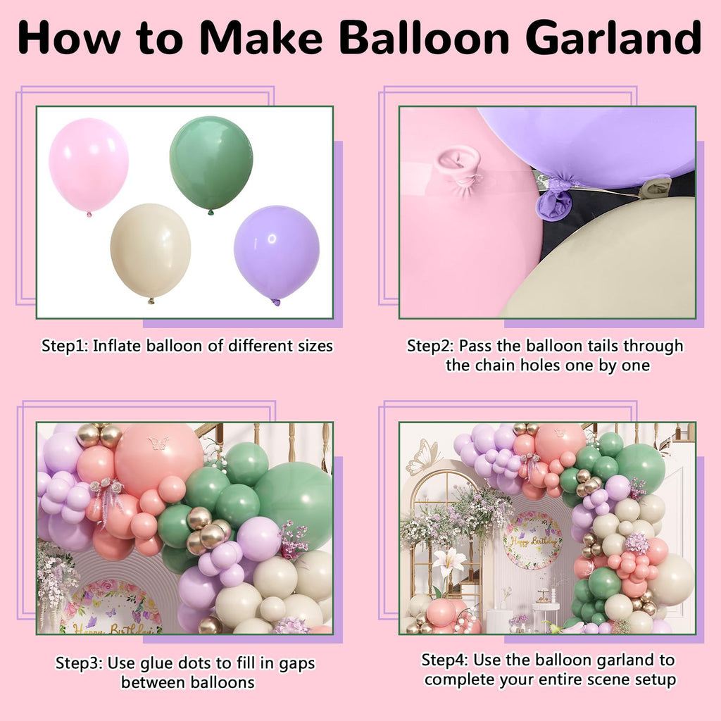 125Pcs Sage Green Purple Pink Balloon Garland Arch Kit for Baby Shower Birthday Party Decoration