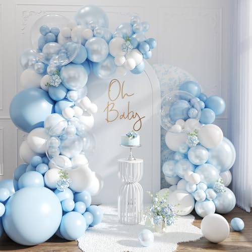 127-Piece Double Stuffed Blue Balloon Arch Kit by CROSSFINGERS – Pearl Blue, Macaron Light Blue, White & Clear Balloons for Weddings, Baby Showers & Parties