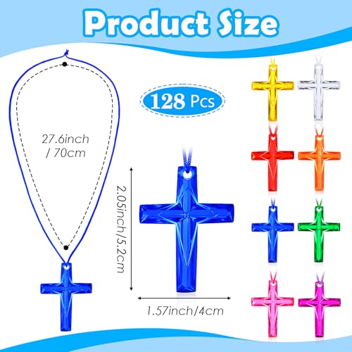 128 Bulk Cross Necklaces for Church Events & Sunday School – 8 Colors, Polystyrene, Non-Toxic, Party Favors for Easter, VBS, Christmas