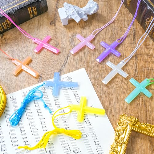 128 Pcs Plastic Cross Necklaces Bulk – 8 Colors Crystal Cross Necklaces for Sunday School, Easter, Church Party Favors