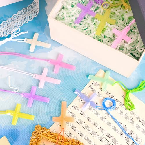 128 Pcs Plastic Cross Necklaces Bulk – 8 Colors Crystal Cross Necklaces for Sunday School, Easter, Church Party Favors