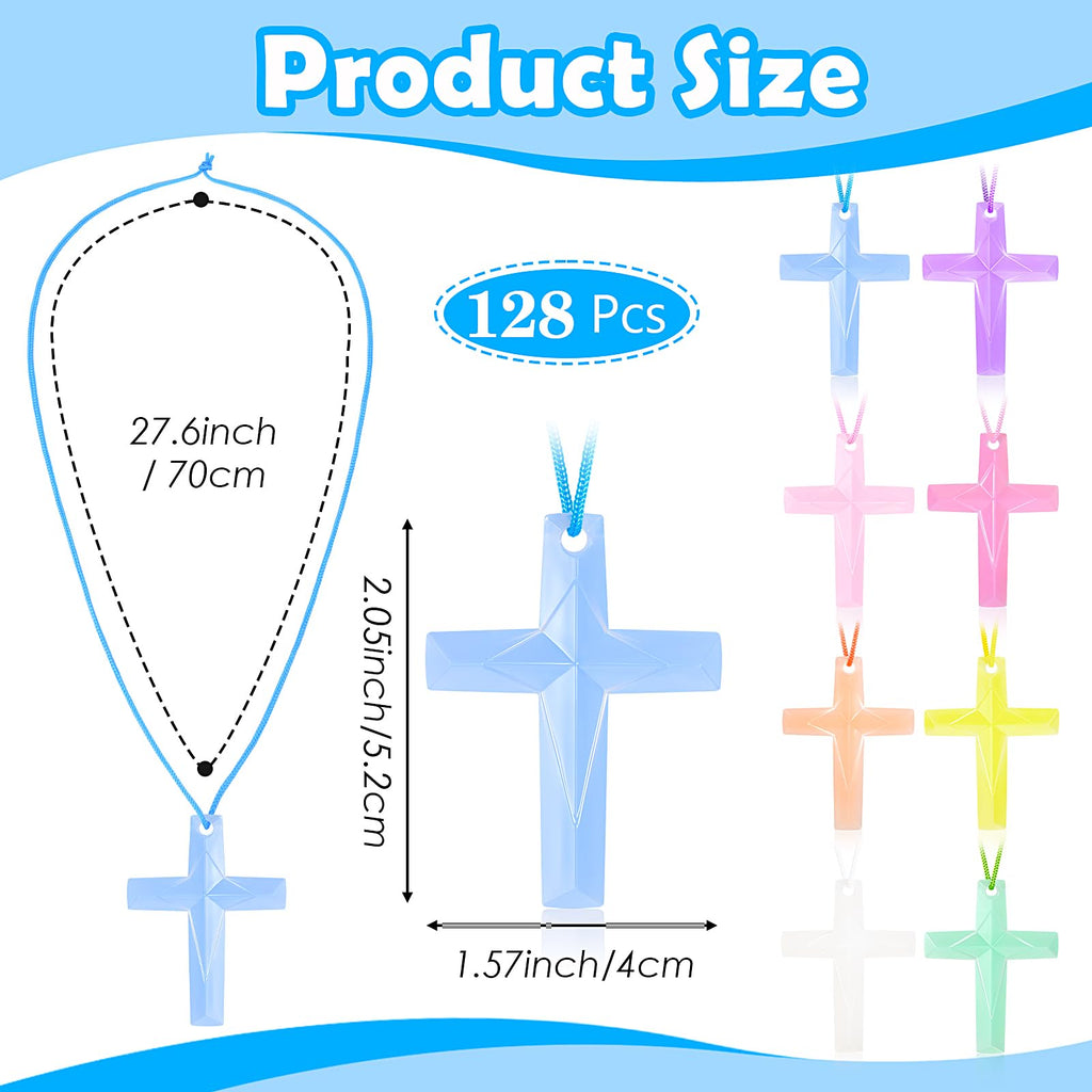 128 Pcs Plastic Cross Necklaces Bulk – 8 Colors Crystal Cross Necklaces for Sunday School, Easter, Church Party Favors