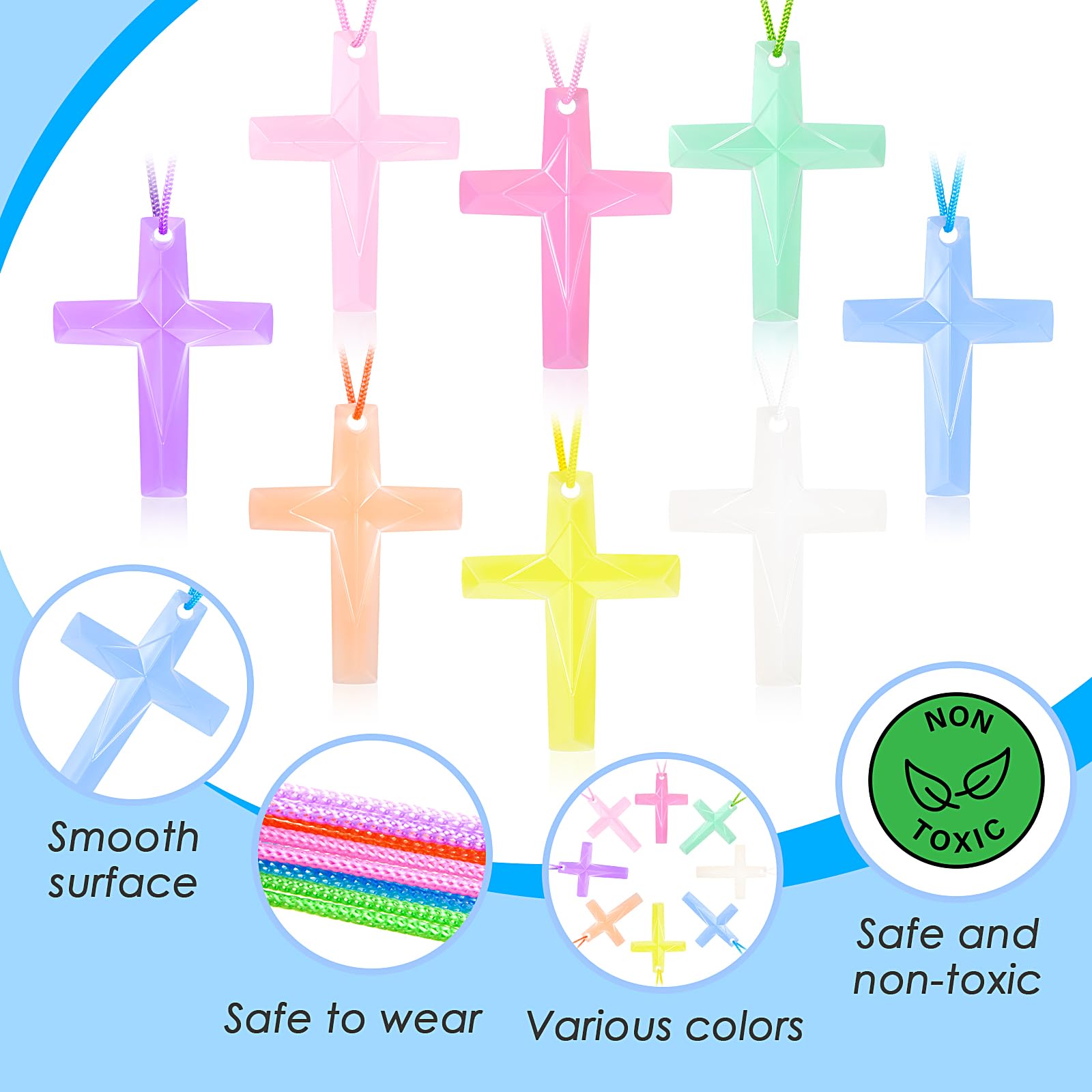128 Pcs Plastic Cross Necklaces Bulk – 8 Colors Crystal Cross Necklaces for Sunday School, Easter, Church Party Favors