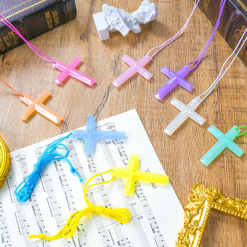 128 Pcs Plastic Cross Necklaces Bulk – 8 Colors Crystal Cross Necklaces for Sunday School, Easter, Church Party Favors