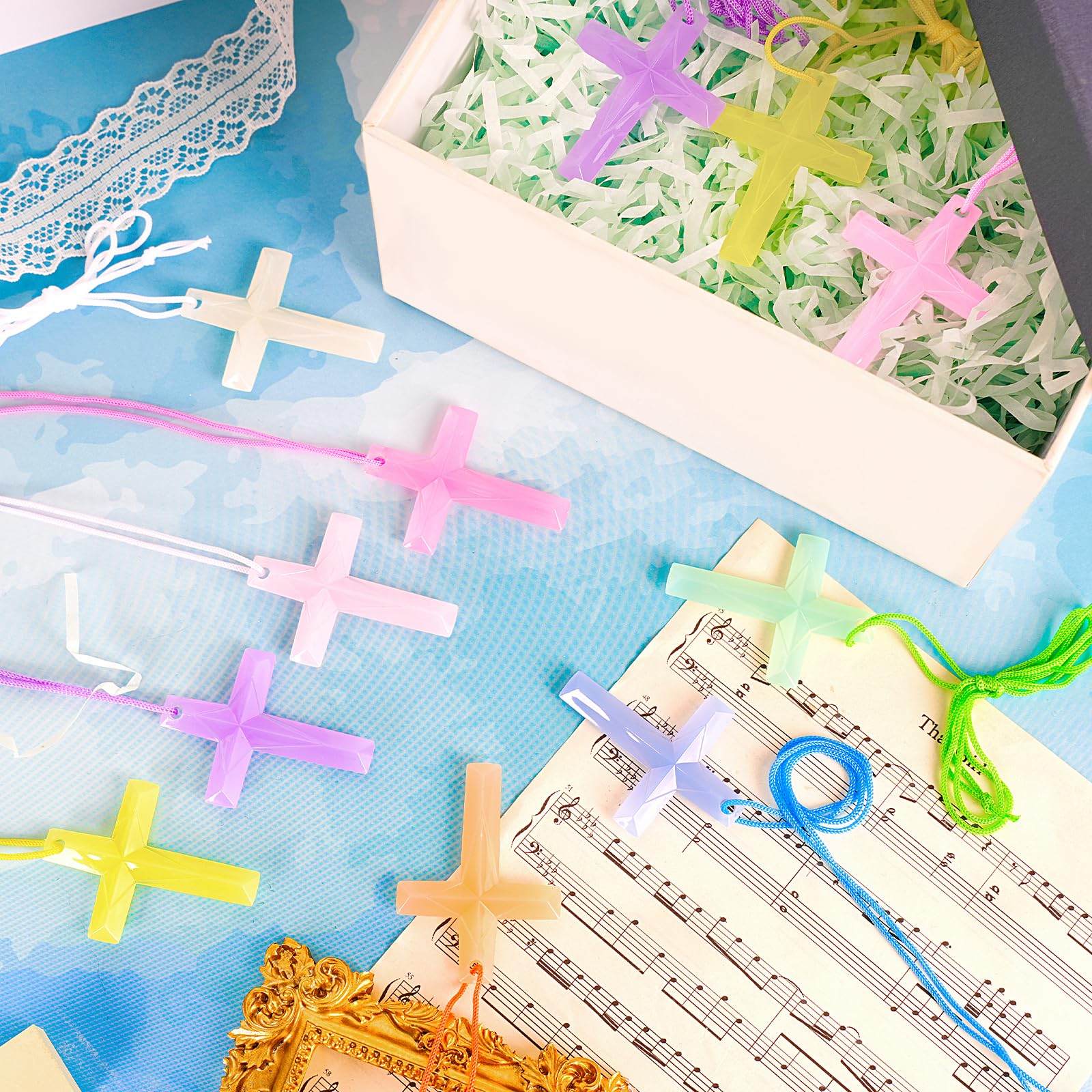 128 Pcs Plastic Cross Necklaces Bulk – 8 Colors Crystal Cross Necklaces for Sunday School, Easter, Church Party Favors