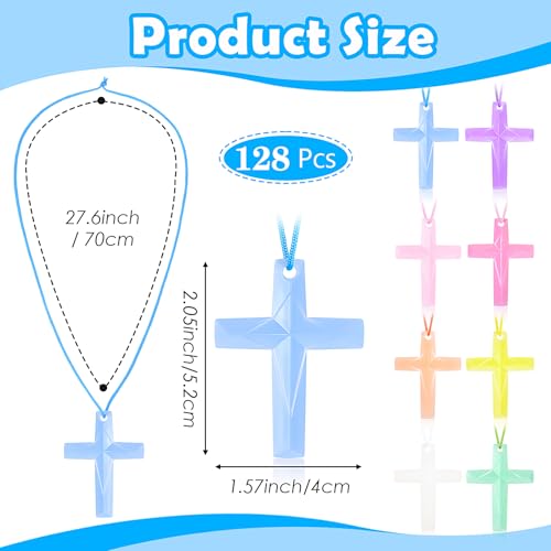 128 Pcs Plastic Cross Necklaces Bulk – 8 Colors Crystal Cross Necklaces for Sunday School, Easter, Church Party Favors