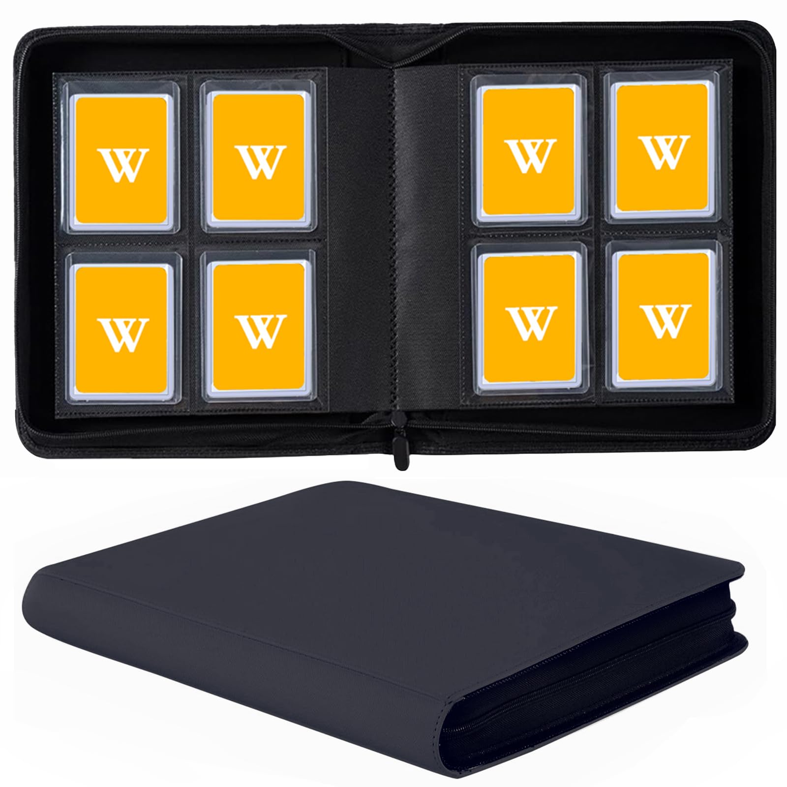 128-Pocket Toploader Binder (Black) – Holds 128 Rigid Card Holders, Ringless PU Leather Album for 3x4 Toploaders
