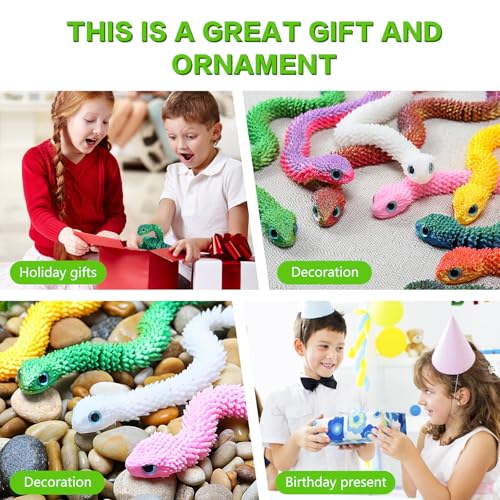 12in Flexible 3D Printed Snake Toy (4-Pack) – Glow-in-the-Dark, Non-Toxic, Poseable Decoration for Holidays, Parties, and Creative Play