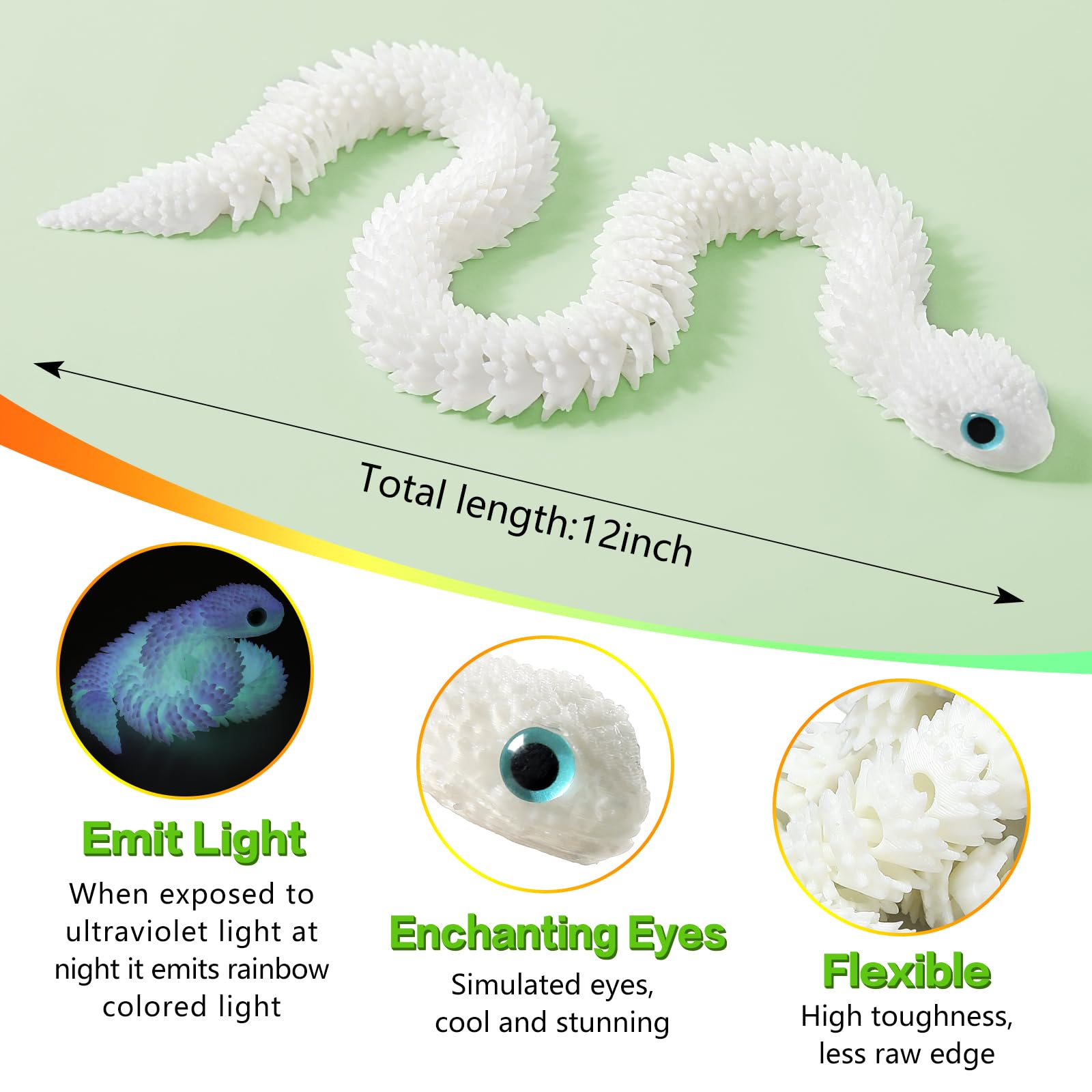 12in Flexible 3D Printed Snake Toy (4-Pack) – Glow-in-the-Dark, Non-Toxic, Poseable Decoration for Holidays, Parties, and Creative Play