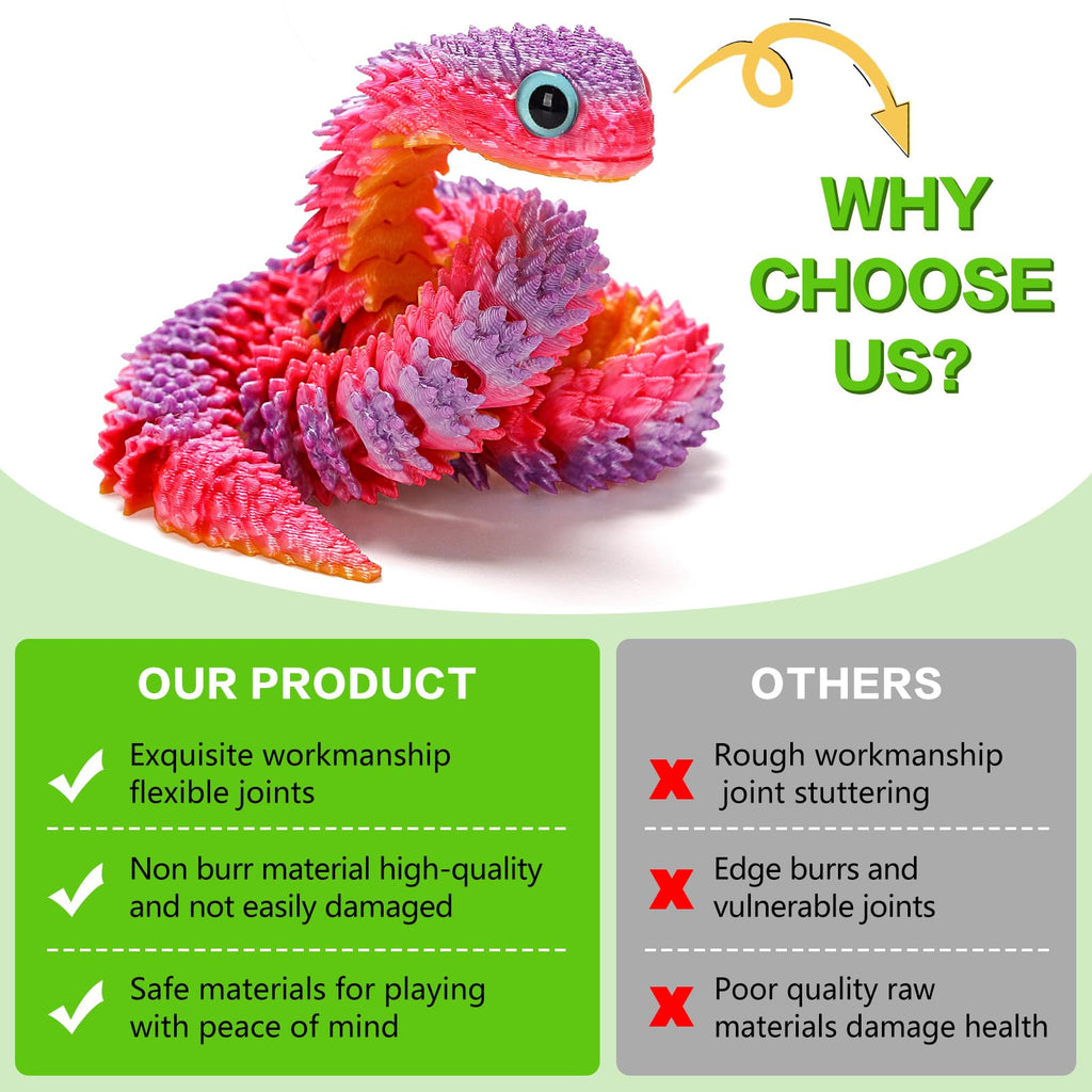 12in Flexible 3D Printed Snake Toy (4-Pack) – Glow-in-the-Dark, Non-Toxic, Poseable Decoration for Holidays, Parties, and Creative Play